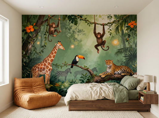 Jungle Safari Animals Green Tropical Wallpaper – detail view, Golden Era Walls