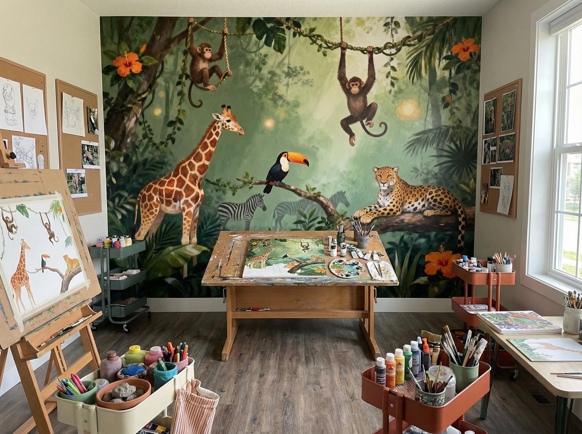 Jungle Safari Animals Green Tropical Wallpaper – peel and stick wallpaper mural, Golden Era Walls