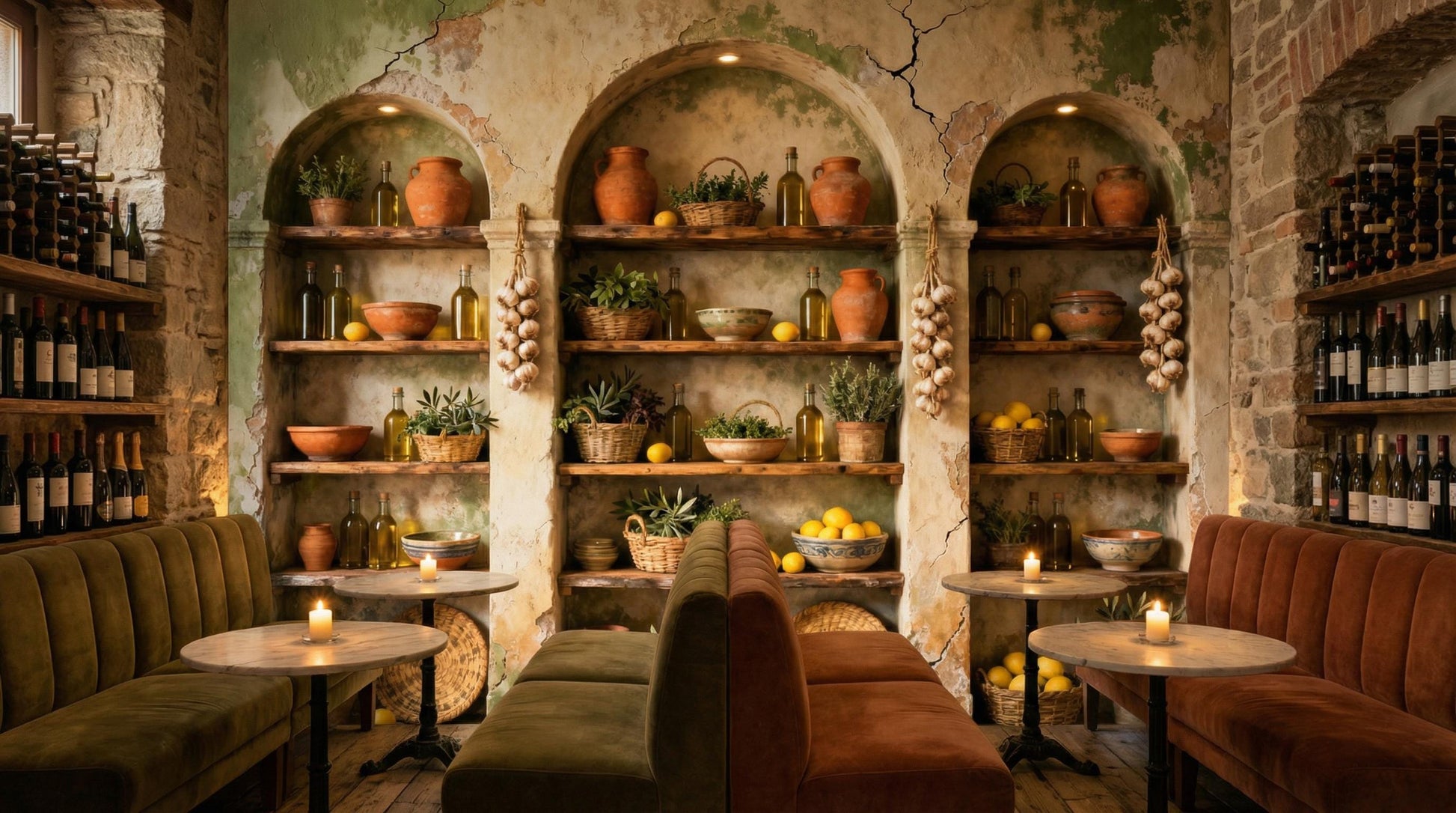Mediterranean Kitchen Rustic Faux Marble Wallpaper – lifestyle view, Golden Era Walls