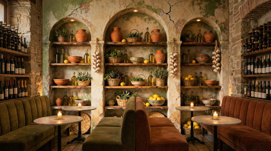 Mediterranean Kitchen Rustic Faux Marble Wallpaper – lifestyle view, Golden Era Walls