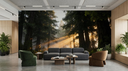 Forest Woodland Decor Biophilic Wallpaper – room setting, Golden Era Walls