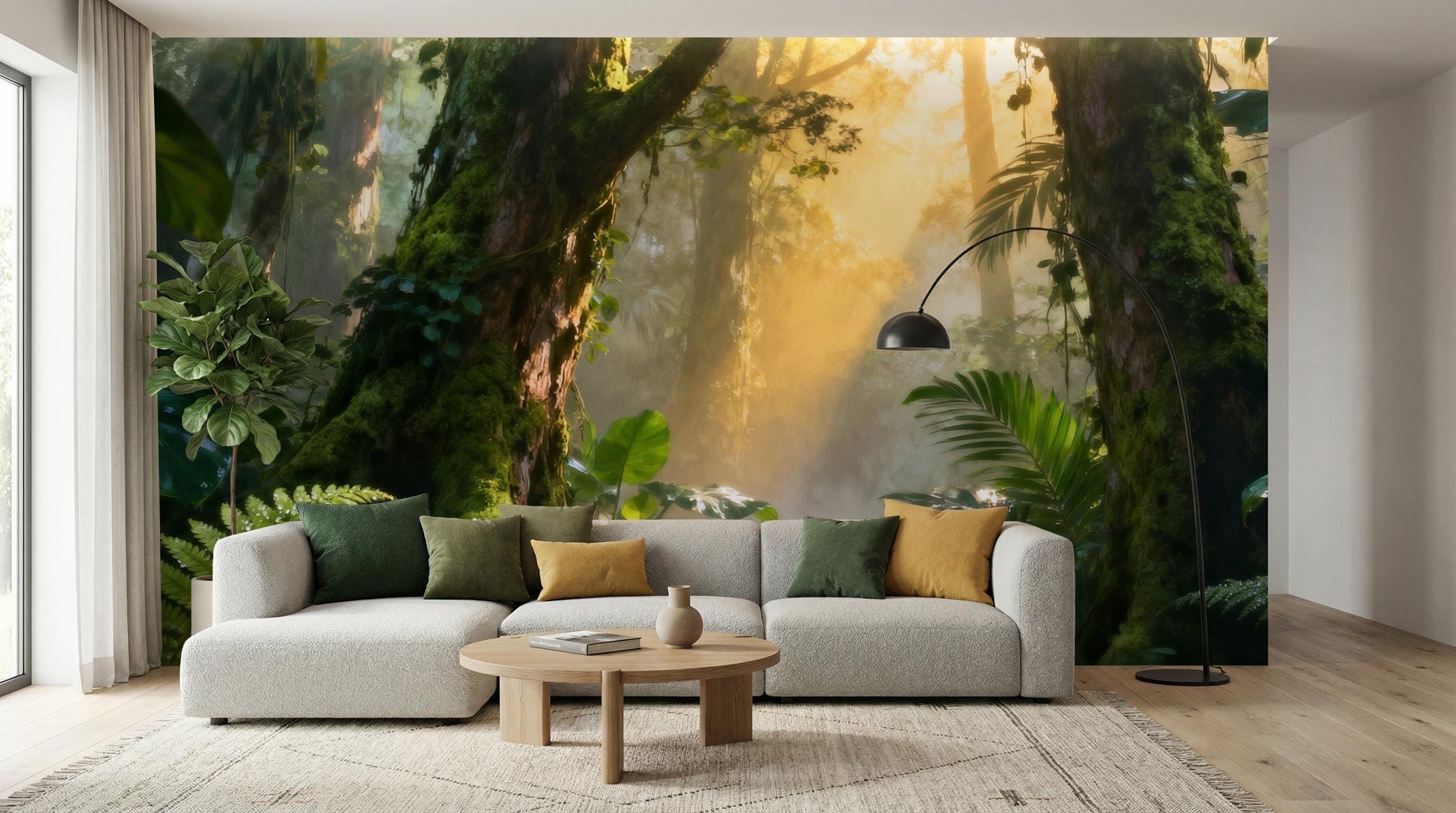 Sunlit Forest Serene Jungle Floral Wallpaper – scale reference, Golden Era Walls