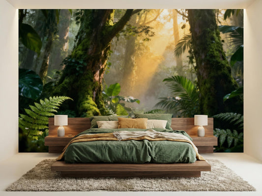 Sunlit Forest Serene Jungle Floral Wallpaper – lifestyle view, Golden Era Walls