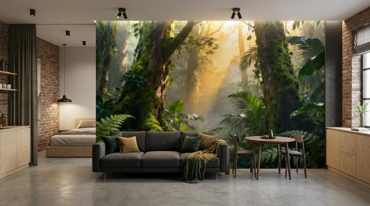 Sunlit Forest Serene Jungle Floral Wallpaper – room setting, Golden Era Walls