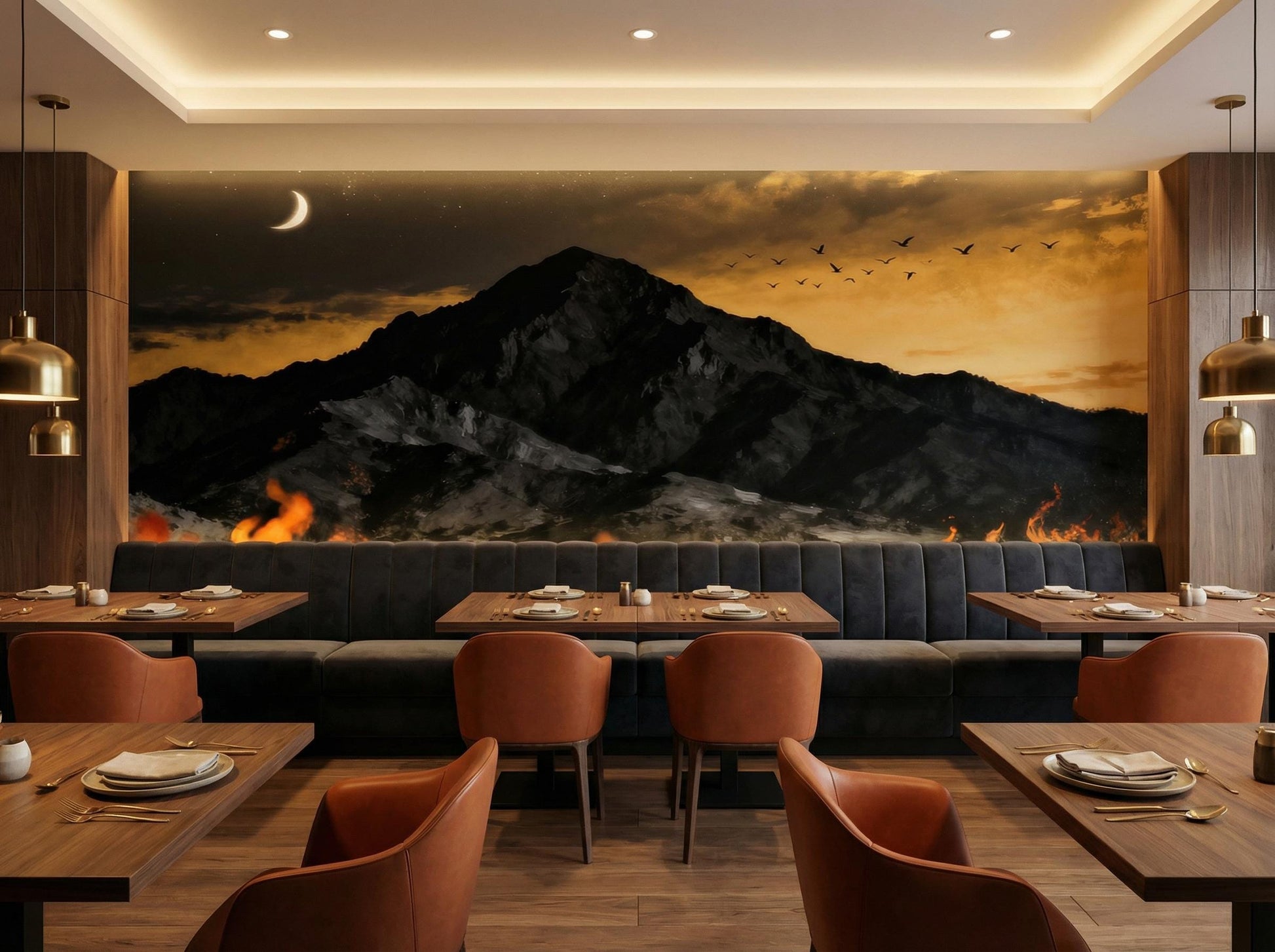 Dramatic Fire Mountain Gothic Wallpaper – scale reference, Golden Era Walls