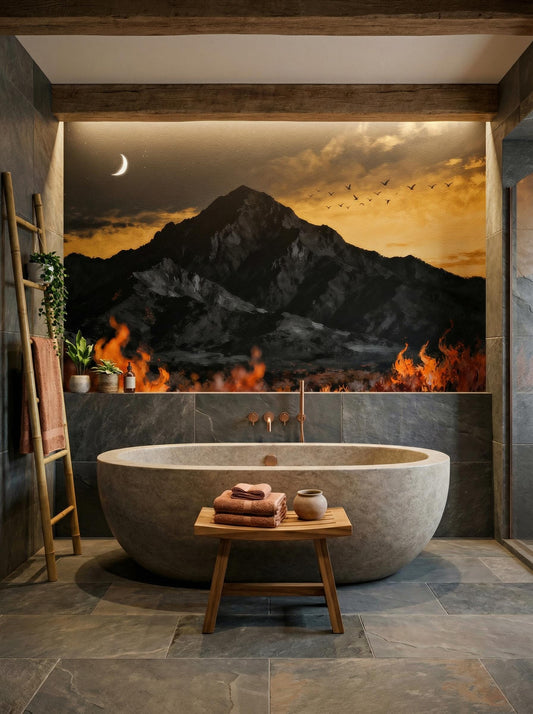 Dramatic Fire Mountain Gothic Wallpaper – lifestyle view, Golden Era Walls