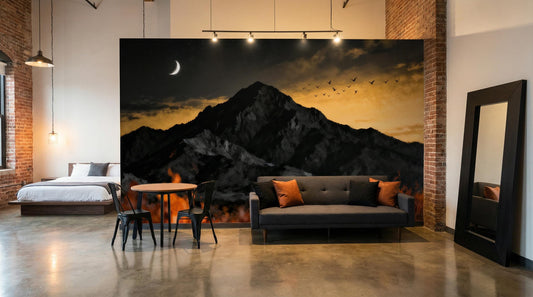 Dramatic Fire Mountain Gothic Wallpaper – room setting, Golden Era Walls