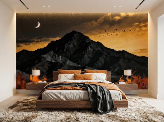 Dramatic Fire Mountain Gothic Wallpaper – peel and stick wallpaper mural, Golden Era Walls