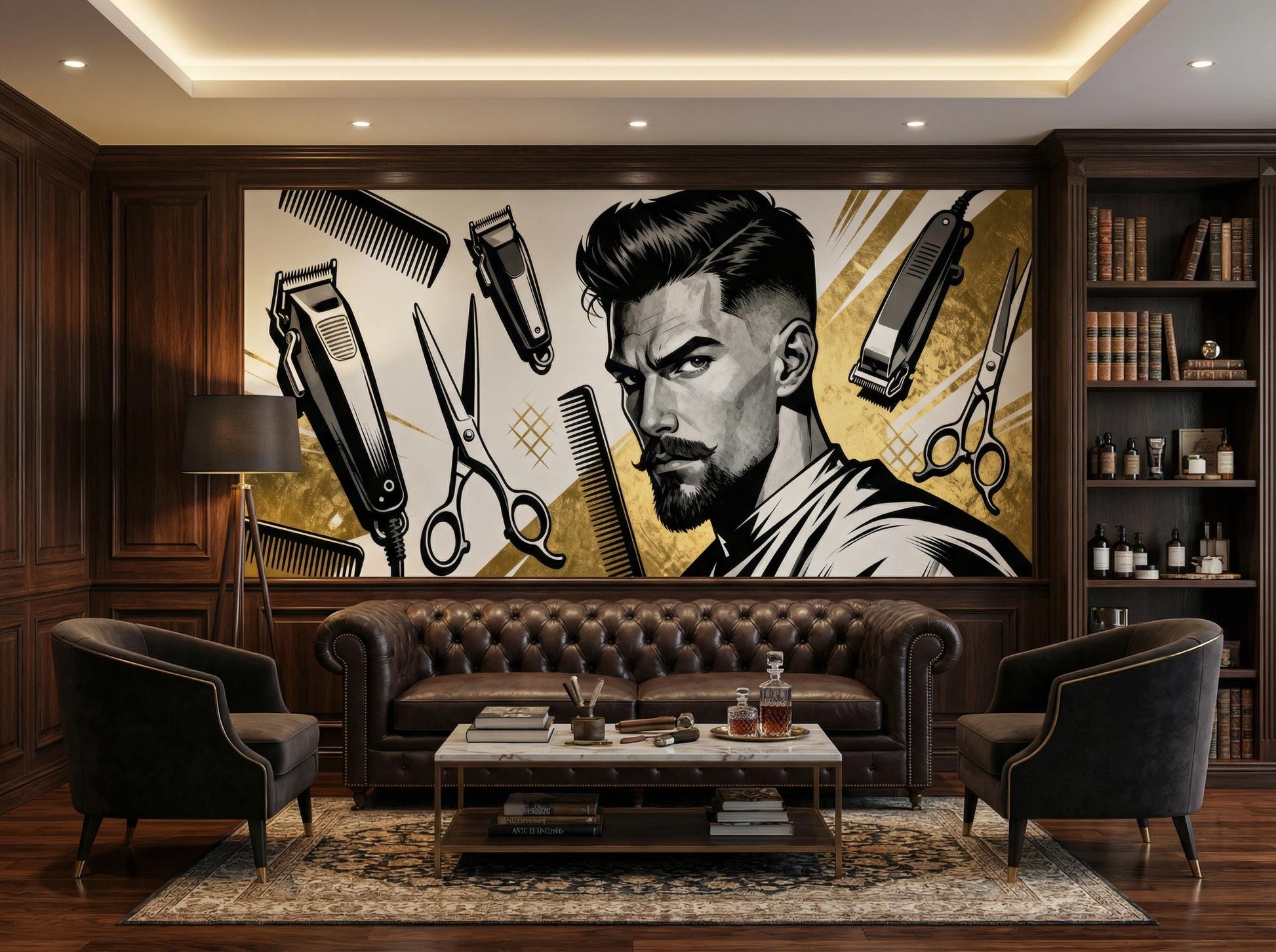 Retro Barbershop Black Gold Wallpaper – lifestyle view, Golden Era Walls
