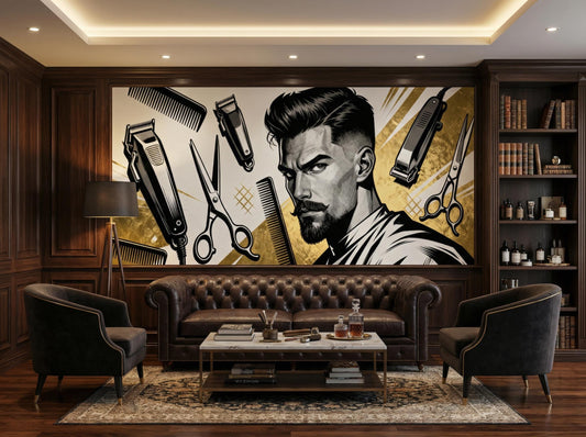 Retro Barbershop Black Gold Wallpaper – lifestyle view, Golden Era Walls