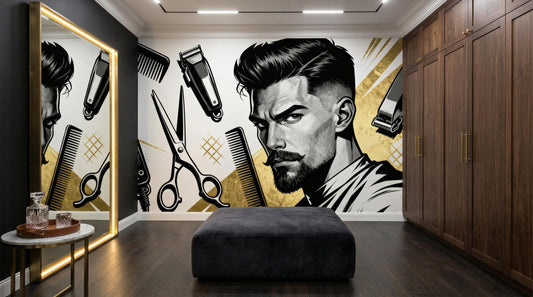 Retro Barbershop Black Gold Wallpaper – detail view, Golden Era Walls