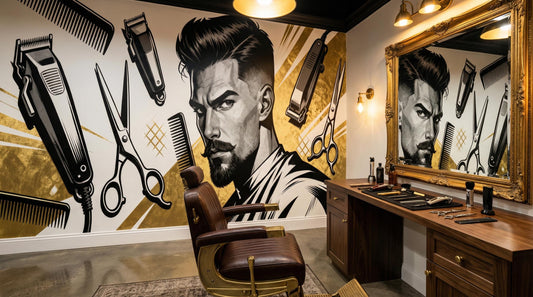Retro Barbershop Black Gold Wallpaper – room setting, Golden Era Walls