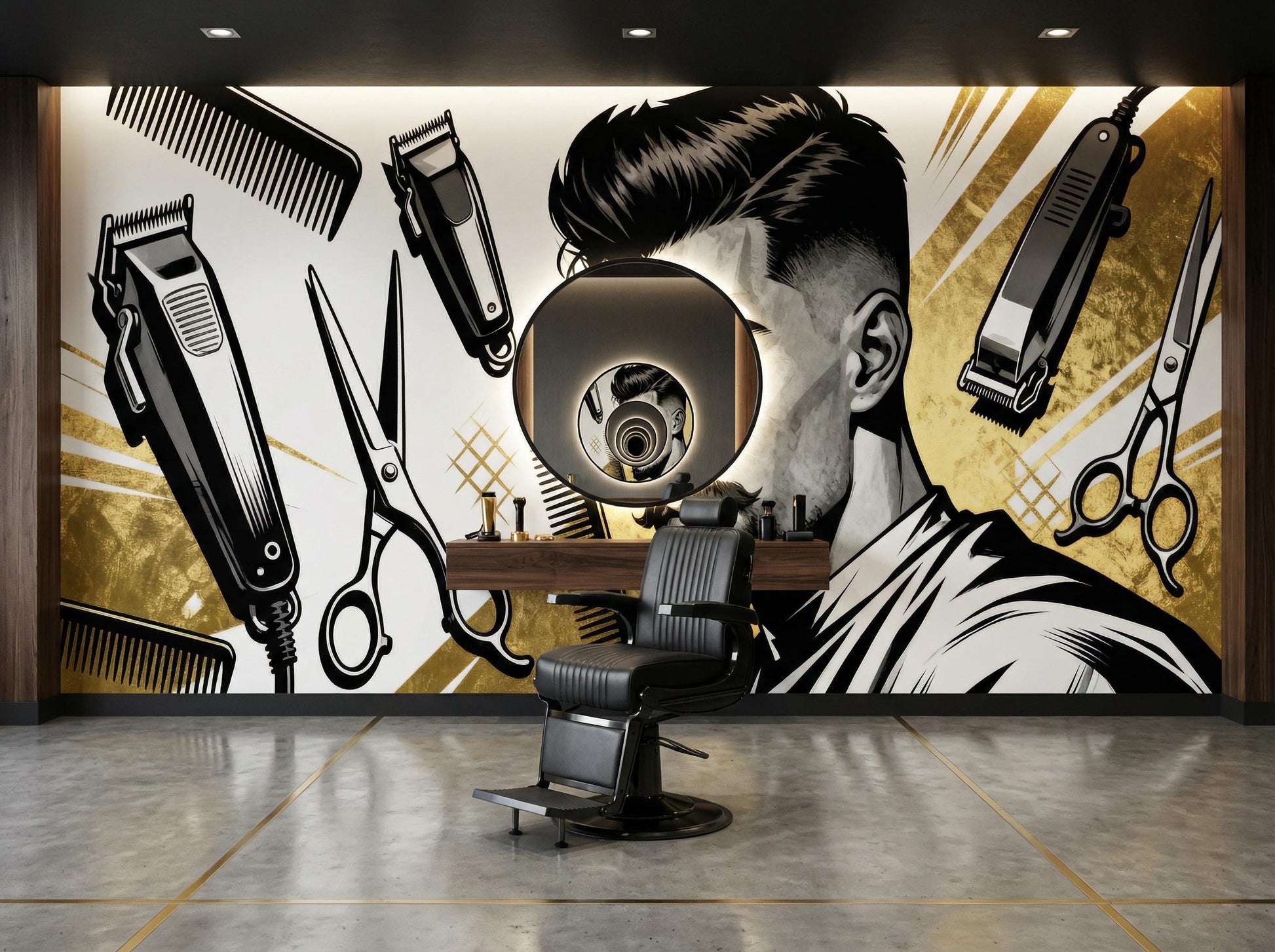 Retro Barbershop Black Gold Wallpaper – alternate view, Golden Era Walls