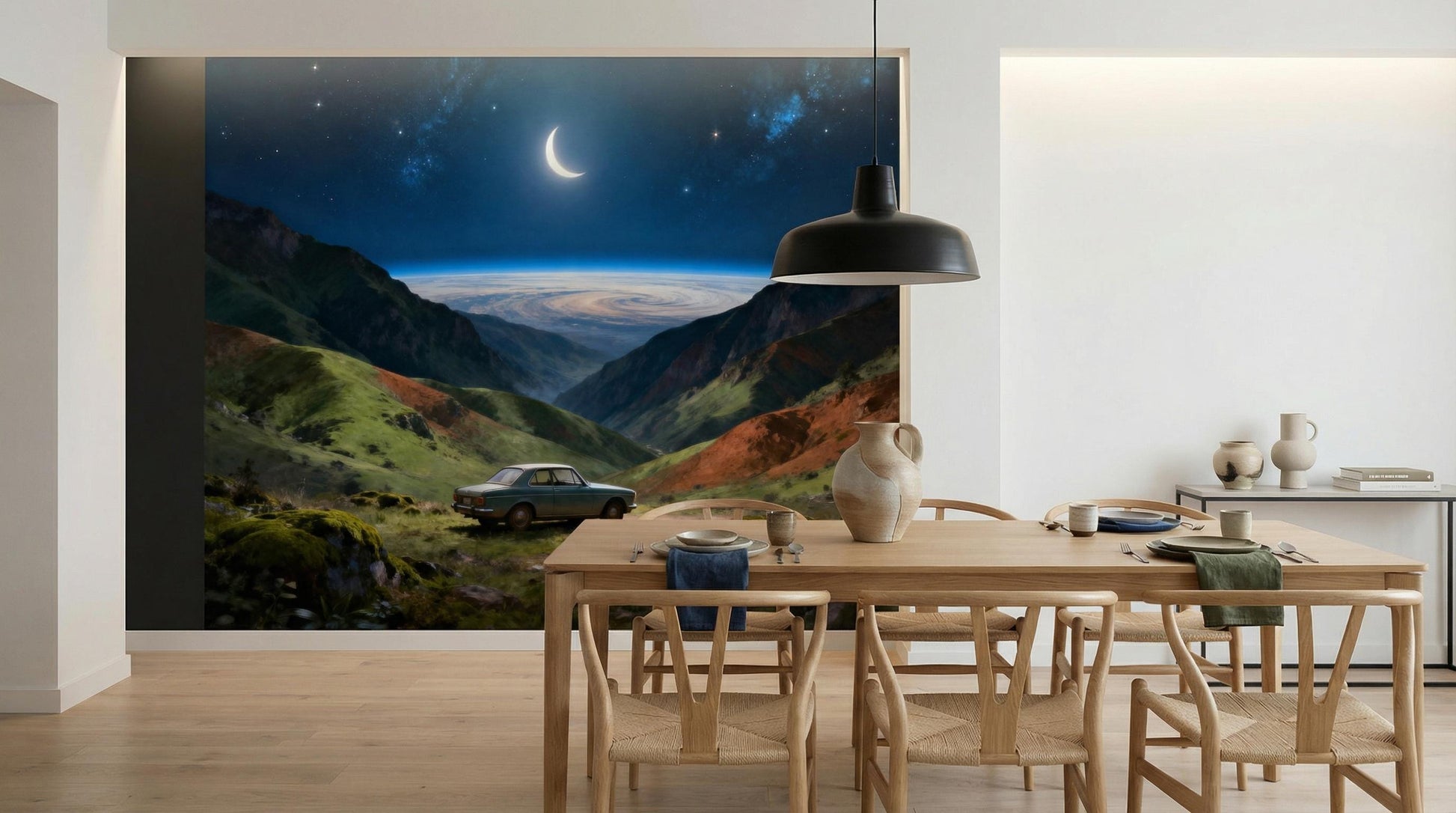 Dreamy Cosmic View Celestial Wallpaper – room setting, Golden Era Walls