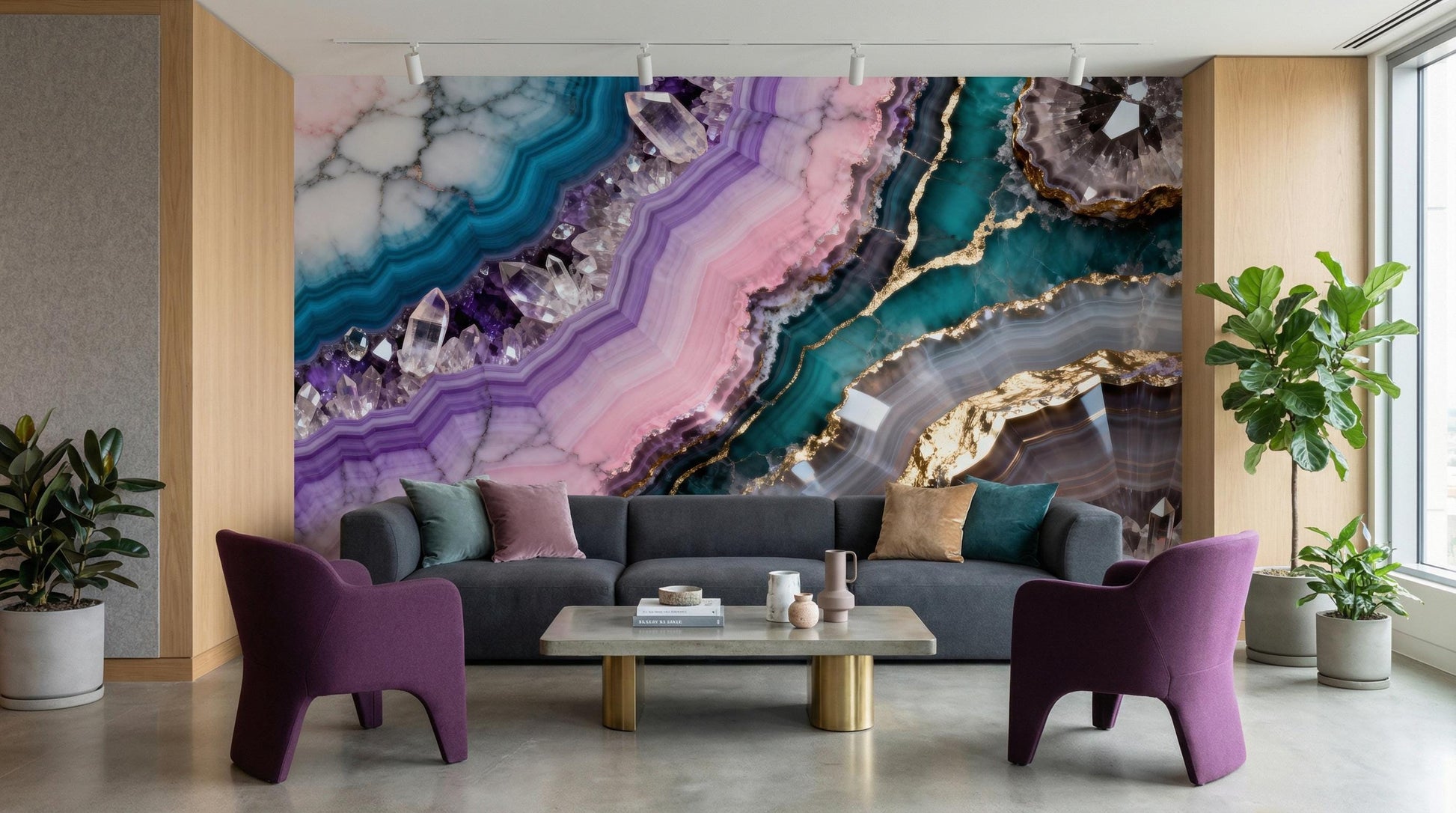 Teal Purple Geode Amethyst Marble Wallpaper – alternate view, Golden Era Walls
