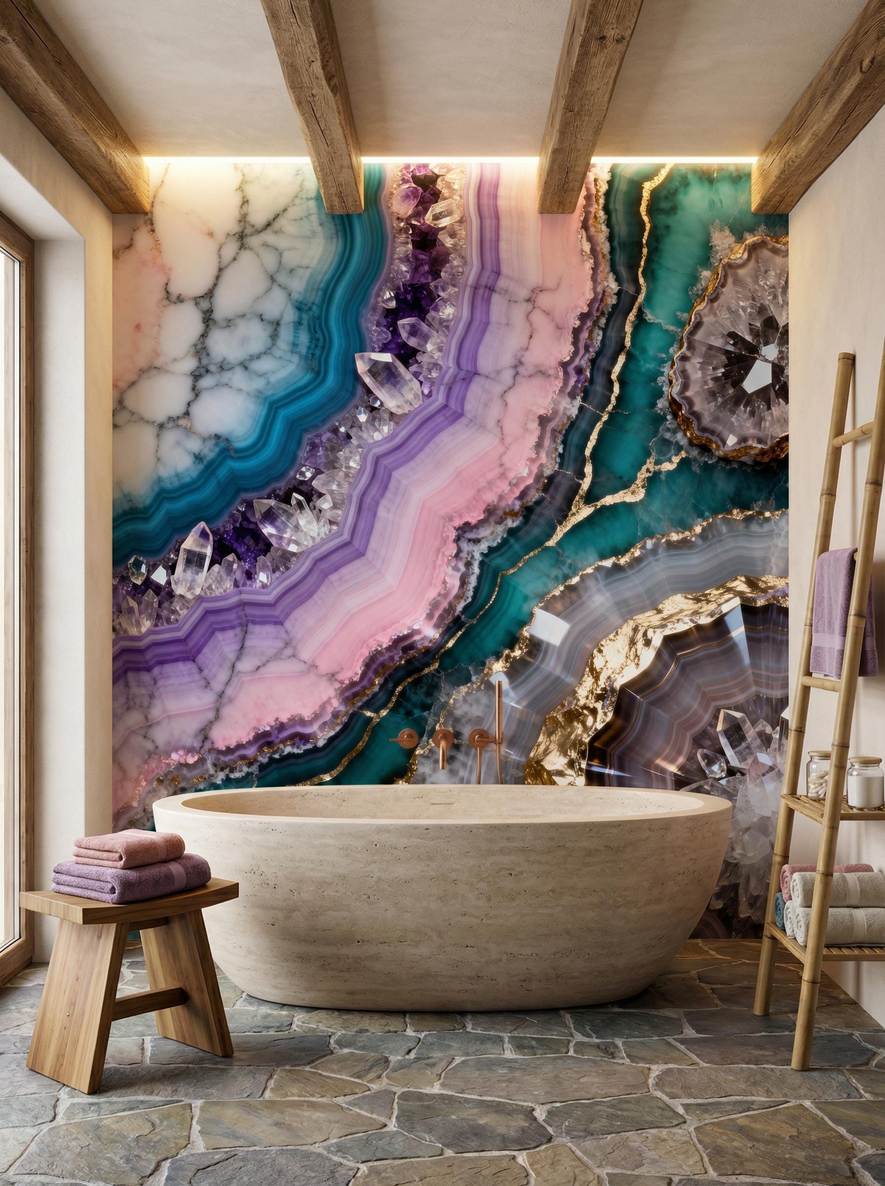 Teal Purple Geode Amethyst Marble Wallpaper – room setting, Golden Era Walls