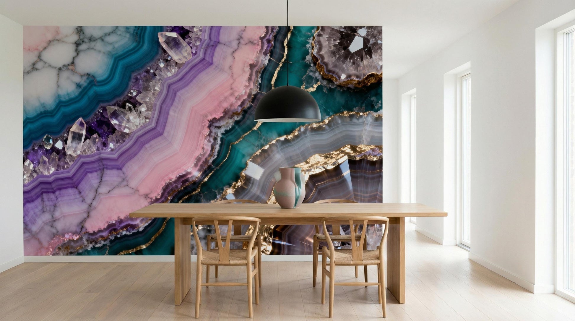 Teal Purple Geode Amethyst Marble Wallpaper – scale reference, Golden Era Walls