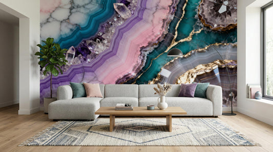 Teal Purple Geode Amethyst Marble Wallpaper – detail view, Golden Era Walls