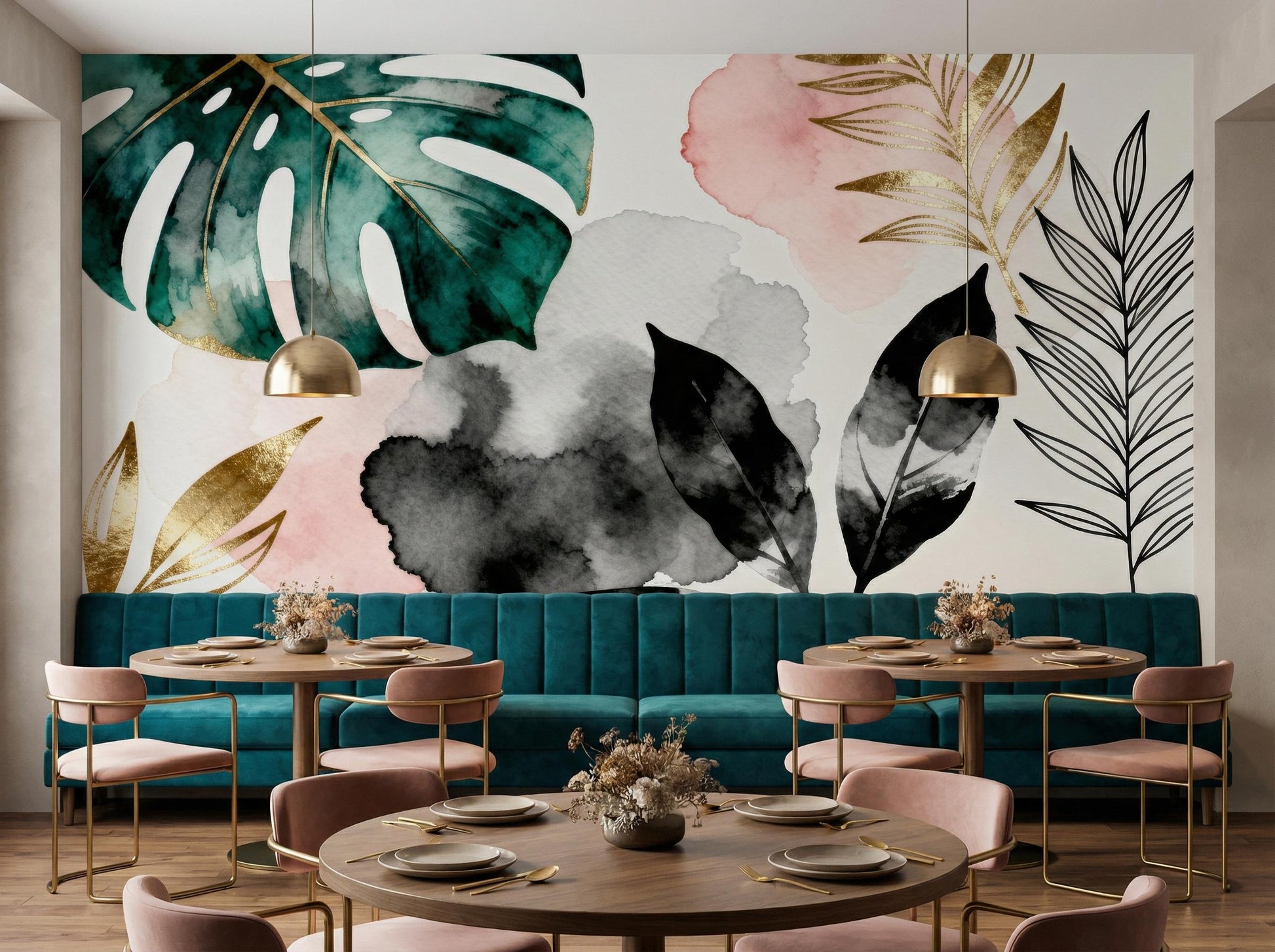 Watercolor Tropical Leaf Green Floral Wallpaper – detail view, Golden Era Walls