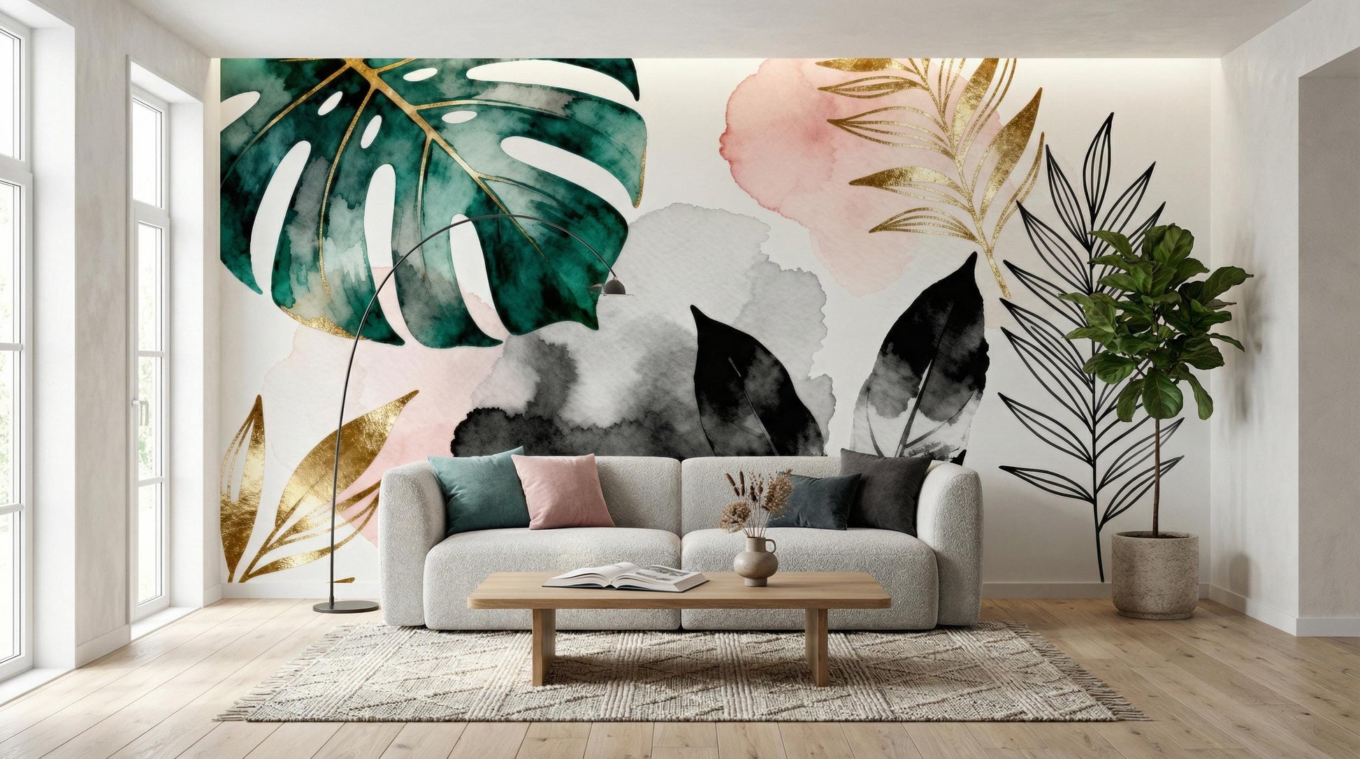 Watercolor Tropical Leaf Green Floral Wallpaper – scale reference, Golden Era Walls