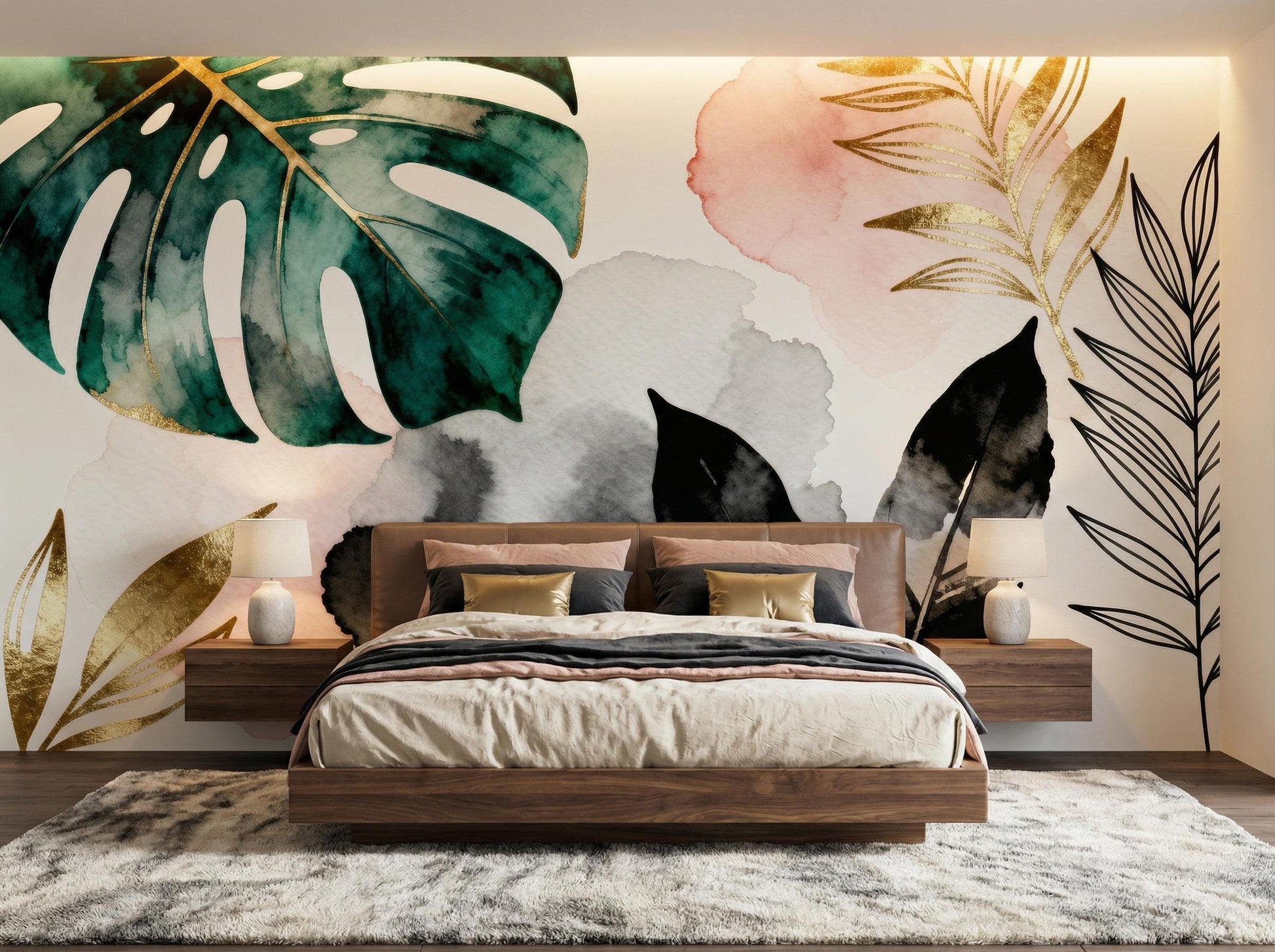 Watercolor Tropical Leaf Green Floral Wallpaper – peel and stick wallpaper mural, Golden Era Walls