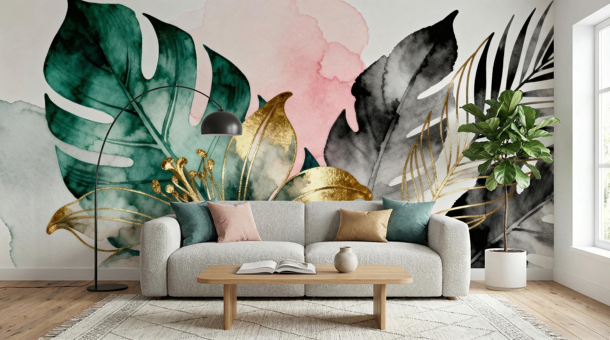 Watercolor Botanical Dark Green Floral Wallpaper – scale reference, Golden Era Walls
