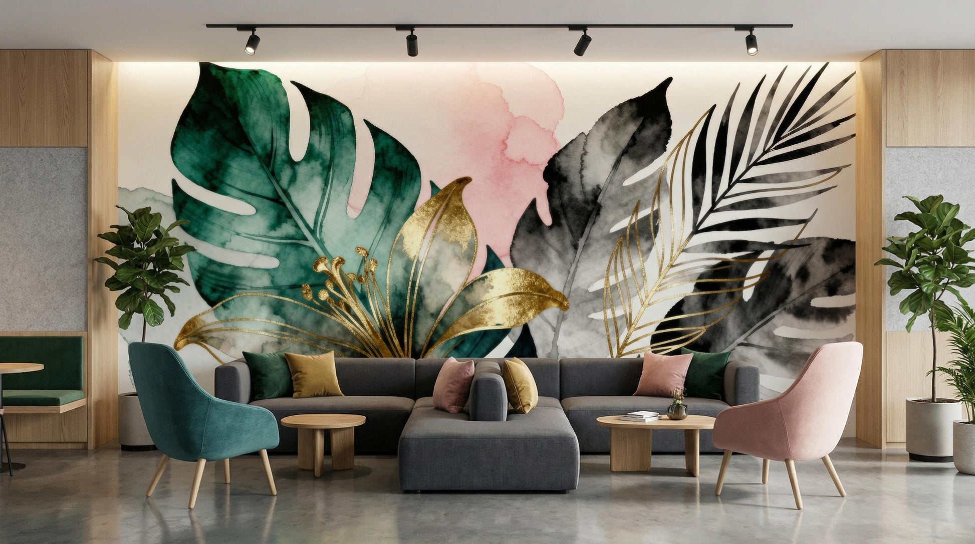 Watercolor Botanical Dark Green Floral Wallpaper – detail view, Golden Era Walls
