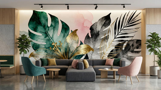 Watercolor Botanical Dark Green Floral Wallpaper – detail view, Golden Era Walls