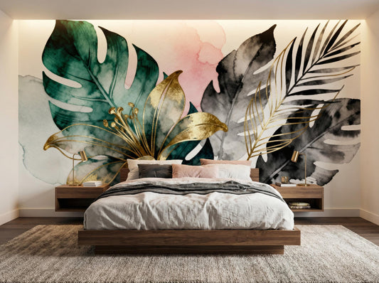 Watercolor Botanical Dark Green Floral Wallpaper – peel and stick wallpaper mural, Golden Era Walls