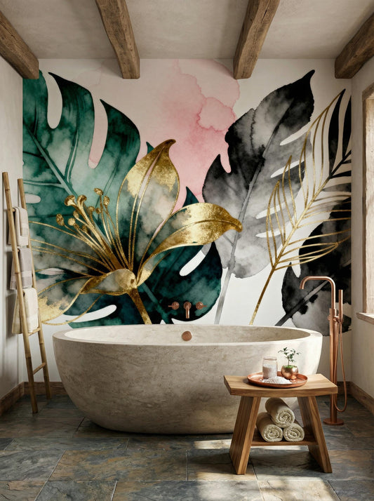Watercolor Botanical Dark Green Floral Wallpaper – lifestyle view, Golden Era Walls