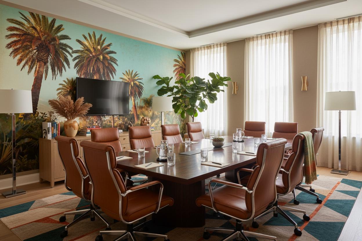 Tropical Palm Tree Teal Floral Wallpaper – lifestyle view, Golden Era Walls