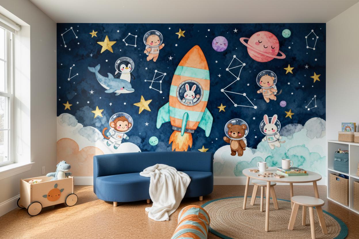 Space Blue Watercolor Astronaut Wallpaper – scale reference, Golden Era Walls