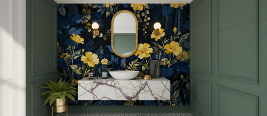 Moody Botanical Navy Yellow Floral Wallpaper – room setting, Golden Era Walls