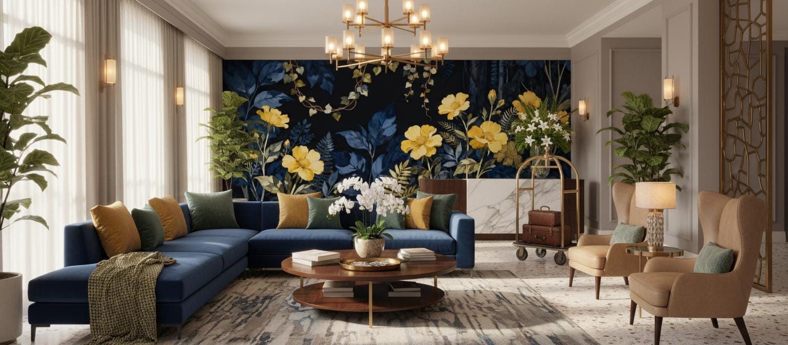 Moody Botanical Navy Yellow Floral Wallpaper – lifestyle view, Golden Era Walls