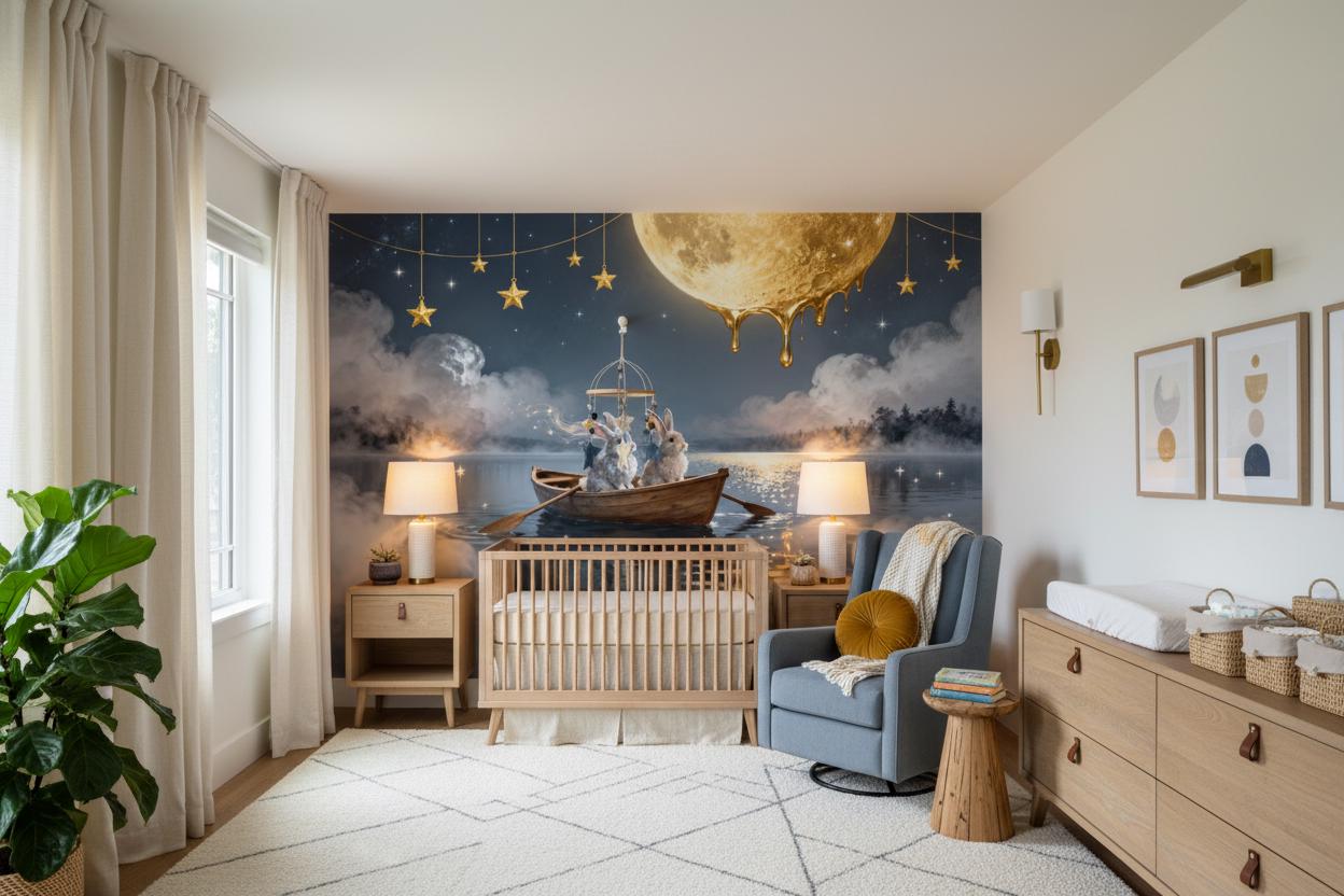 Magical Rabbit Moon Blue Wallpaper – scale reference, Golden Era Walls