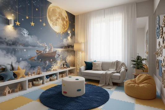 Magical Rabbit Moon Blue Wallpaper – detail view, Golden Era Walls