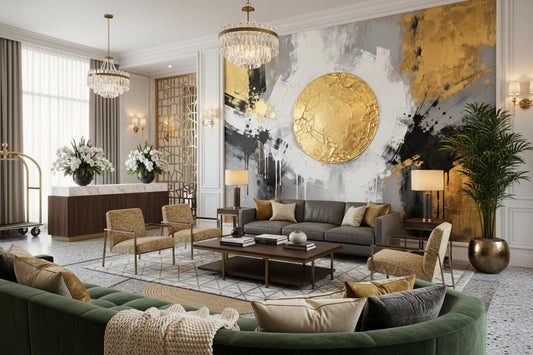 Luxury Abstract Gold Black Geometric Wallpaper – room setting, Golden Era Walls