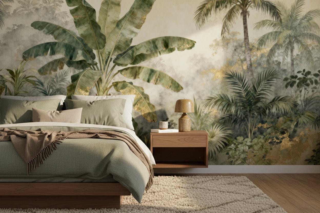 Luxe Tropical Jungle Green Floral Wallpaper – alternate view, Golden Era Walls