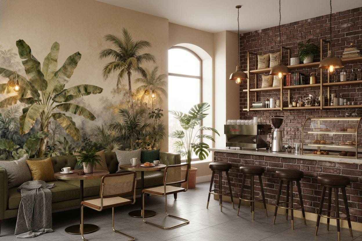 Luxe Tropical Jungle Green Floral Wallpaper – room setting, Golden Era Walls