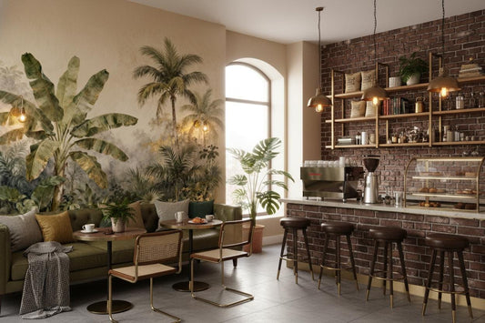 Luxe Tropical Jungle Green Floral Wallpaper – room setting, Golden Era Walls