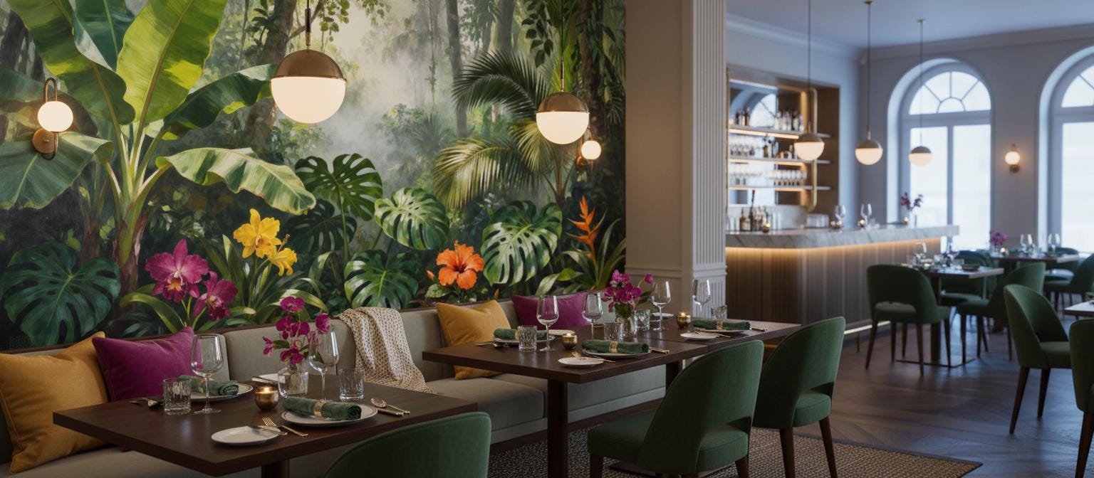 Lush Tropical Jungle Green Floral Wallpaper – room setting, Golden Era Walls