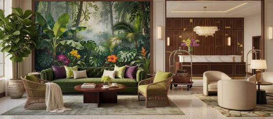 Lush Tropical Jungle Green Floral Wallpaper – lifestyle view, Golden Era Walls