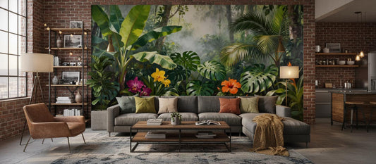 Lush Tropical Jungle Green Floral Wallpaper – peel and stick wallpaper mural, Golden Era Walls