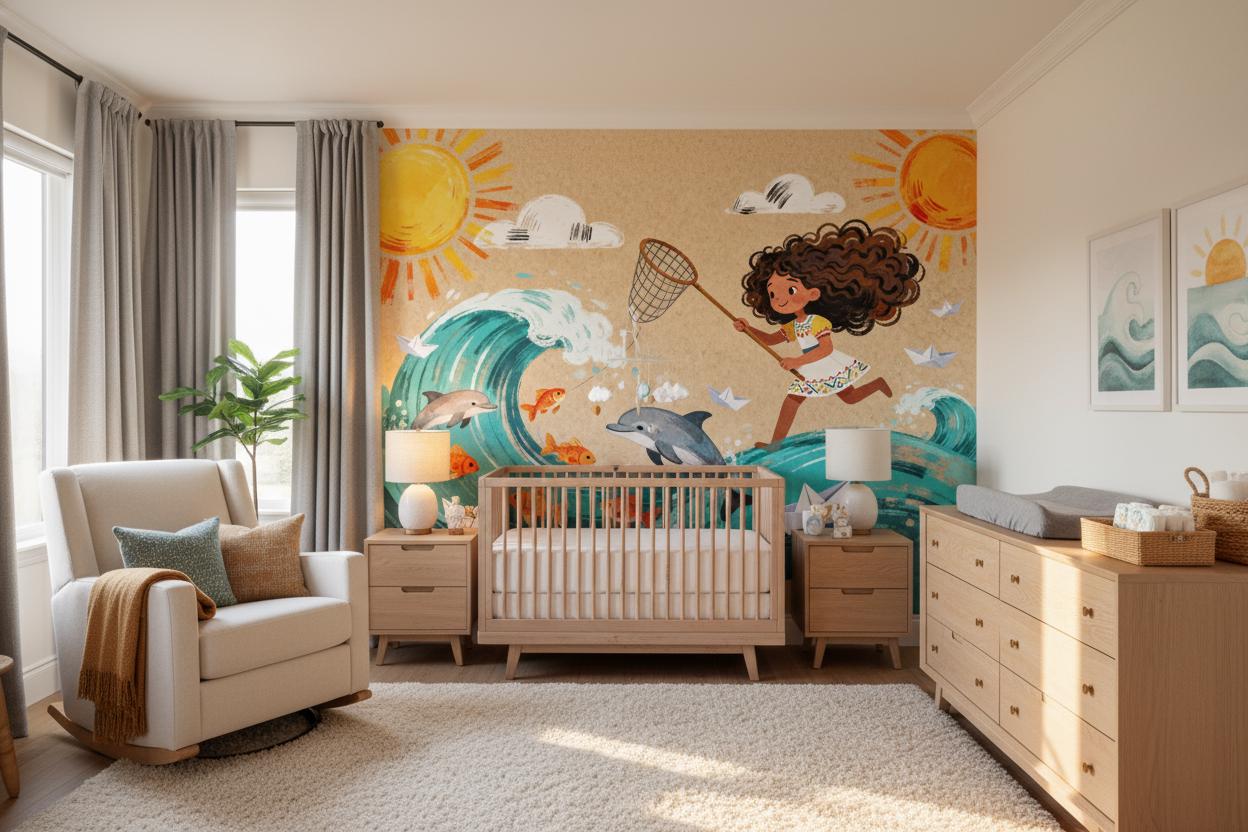 Ocean Adventure Colorful Dolphins Coastal Wallpaper – detail view, Golden Era Walls