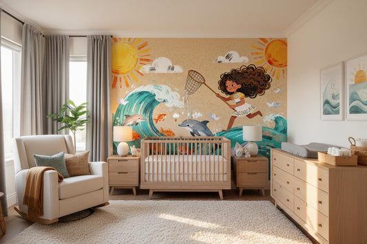 Ocean Adventure Colorful Dolphins Coastal Wallpaper – detail view, Golden Era Walls