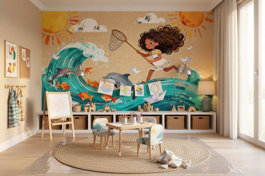 Ocean Adventure Colorful Dolphins Coastal Wallpaper – room setting, Golden Era Walls