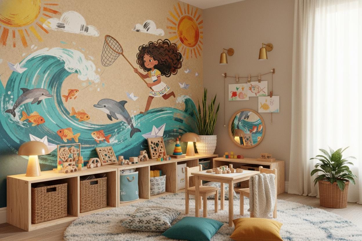Ocean Adventure Colorful Dolphins Coastal Wallpaper – scale reference, Golden Era Walls