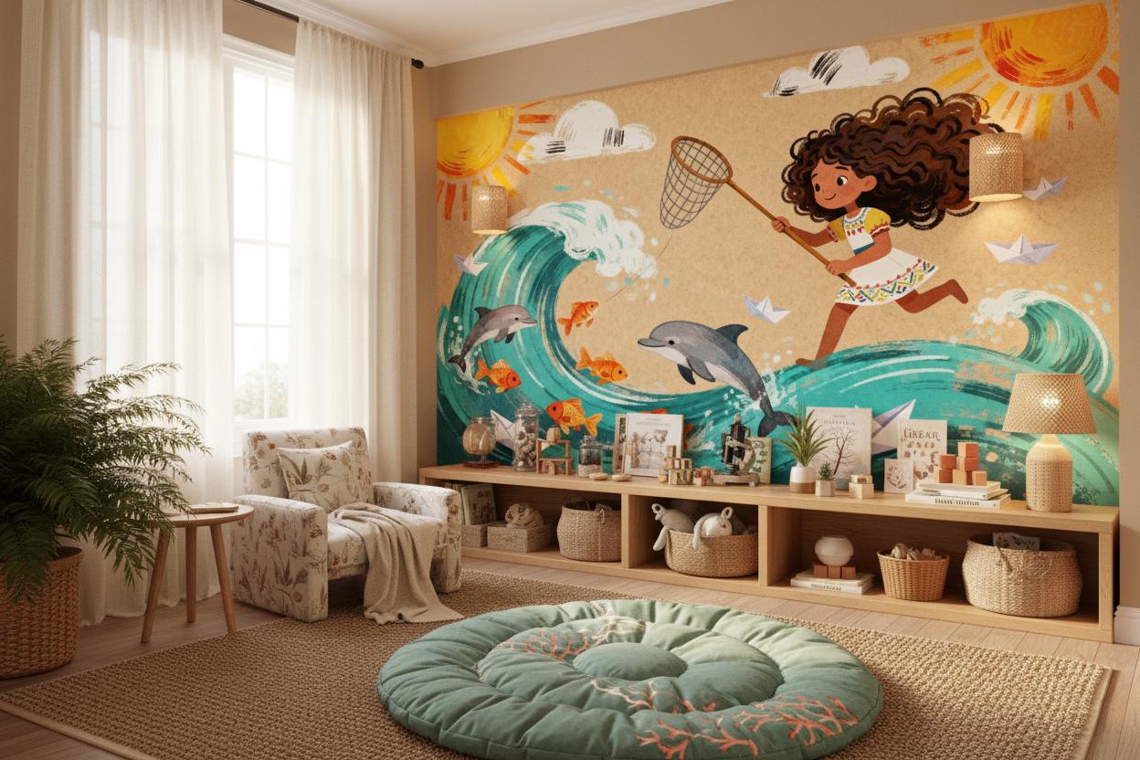 Ocean Adventure Colorful Dolphins Coastal Wallpaper – alternate view, Golden Era Walls