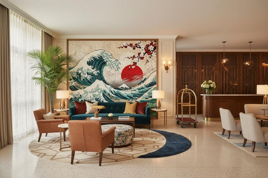 Japanese Wave Cherry Blossom Coastal Wallpaper – room setting, Golden Era Walls