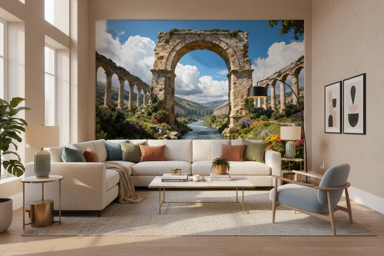 Historic Roman Aqueduct Scenic Wallpaper – alternate view, Golden Era Walls